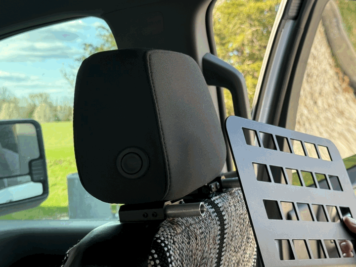 Headrest MOLLE panel attached to vehicle seat